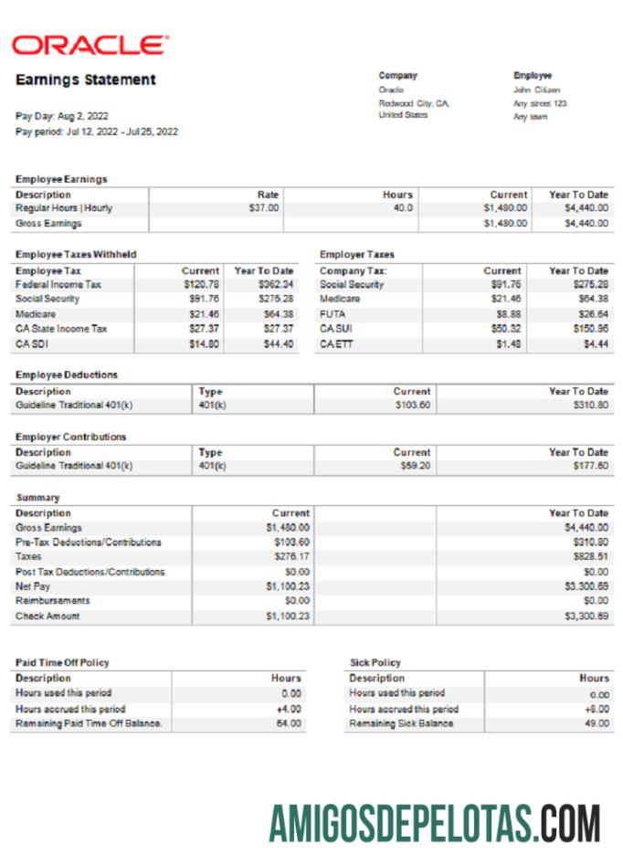 Esboço de pagamento da Oracle Software Company dos EUA exemplo
